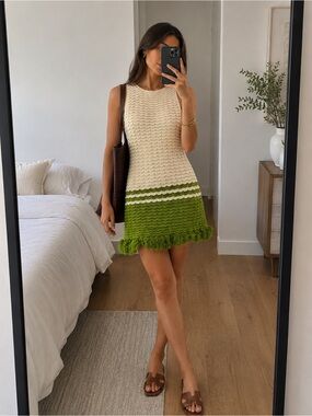 Ronny Kobo Birdie Fringe Knit Sleeveless Dress Green Cream Colorblock Size S